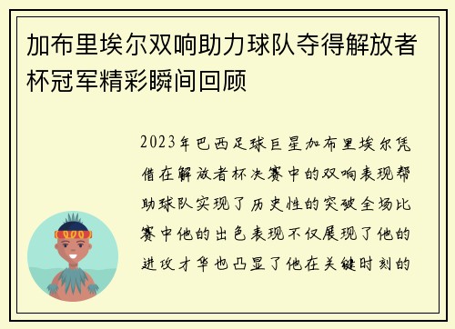 加布里埃尔双响助力球队夺得解放者杯冠军精彩瞬间回顾