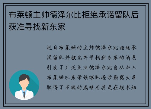 布莱顿主帅德泽尔比拒绝承诺留队后获准寻找新东家